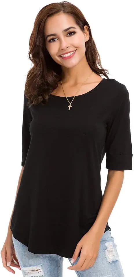 Women's Casual T Shirts Cotton Mid Sleeve Summer Basic Tunics Tee Tops Fashion