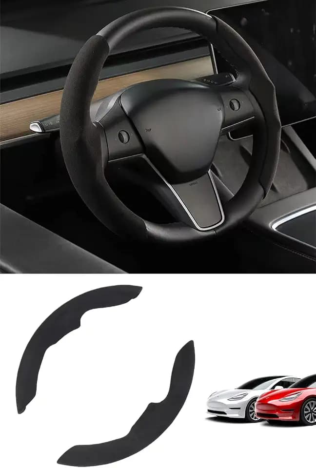 for Tesla Model 3 Model Y Steering Wheel Cover - 4TSL Premium Suede Steering Wheel Wrap Protector Anti-Slip Design for Tesla Model 3 Model Y 2017-2021 2022 2023 Interior Accessories 2PCS