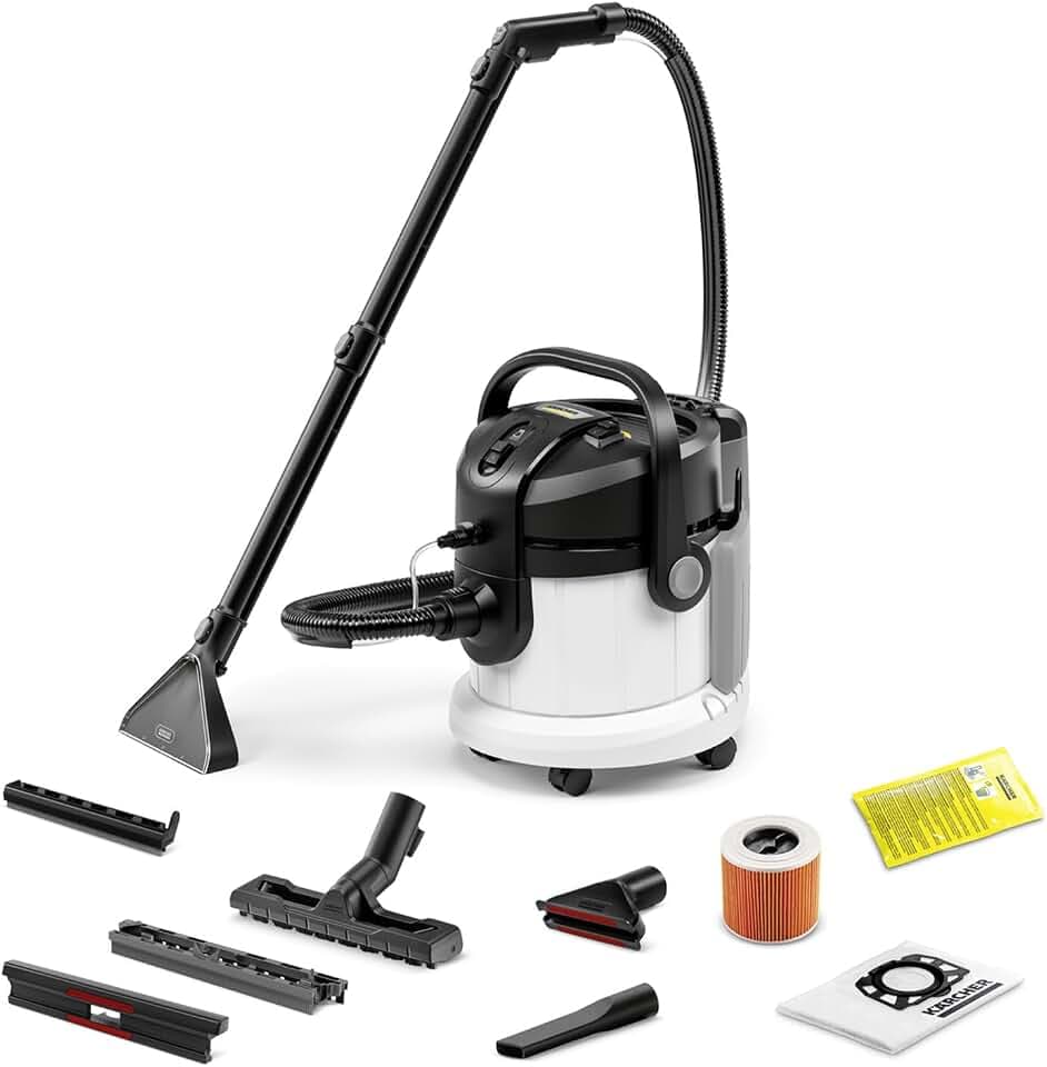KÄRCHER Waschsauger SE 4, 2-in-1-Sprühsaugschlauch, Frisch- und Schmutzwassertank: 4 l,Waschbodendüse mit Hartbodenaufsatz, Clip-Bodendüse mit Hartboden- und Teppicheinsatz, Polster- & Fugendüse