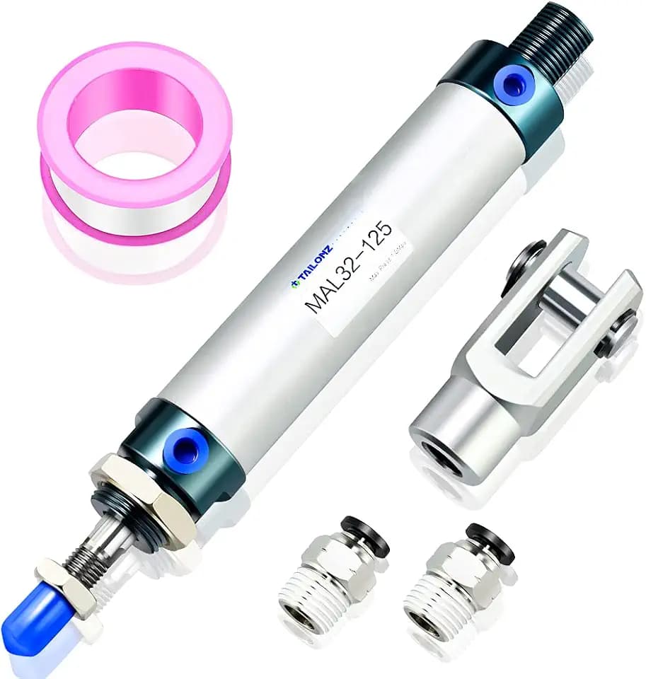 TAILONZ PNEUMATIC Druckluftzylinder mit 32mm Bohrung und 100mm Hub, doppeltwirkend, mit Y Anschluss und 2 Stück 8mm Verschraubungen MAL32x100