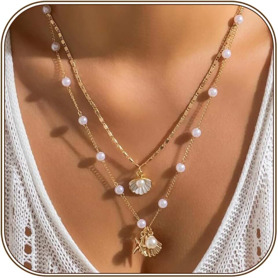 Nackiy Shell Starfish Necklace for Women, Boho Beach Vacation Jewelry