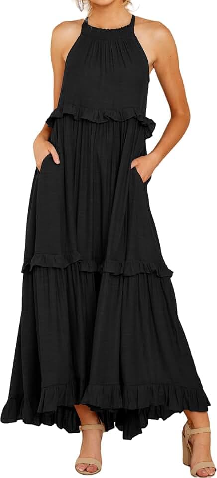 R.Vivimos Womens Summer Sleeveless Halter Flowy Maxi Dress