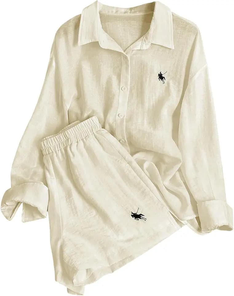 SweatyRocks Women's 2 Piece Linen Short Set Summer Outfits Pajama Gauze Set