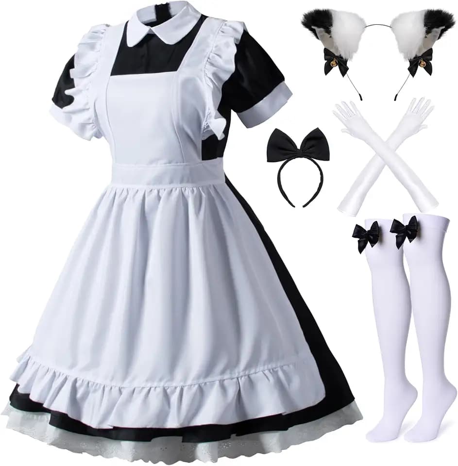 Wannsee Japanese Anime 6Pcs Lolita French Maid Apron Fancy Dress Cosplay Costume Gloves Headwear Socks set(Black Plus size 5XL)