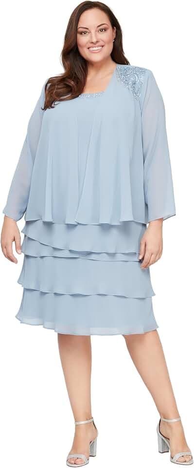 S.L. Fashions Women's Mother of The Bride Tiered Jacket Dress with Shoulder Embellishment