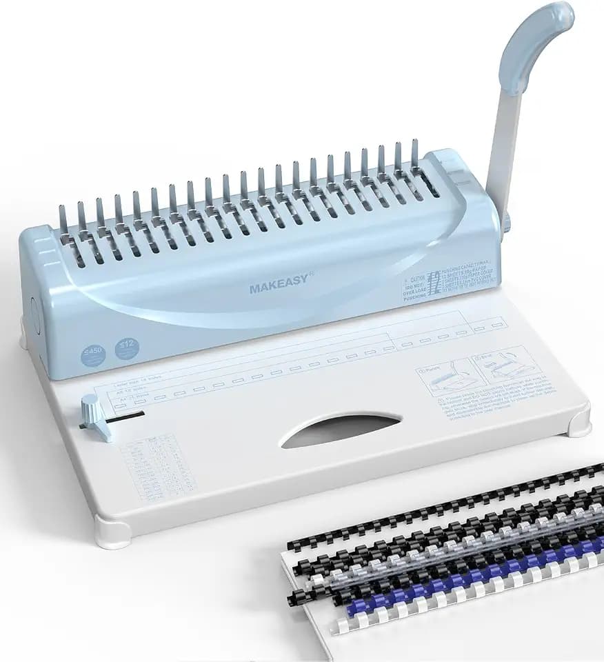 MAKEASY Binding Machine, 21-Hole, Comb Binding Machines with 1 Box Comb Bindings Spines, Comb Binder for Letter/A4/A5 Paper, 12 Sheet Punch Capacity