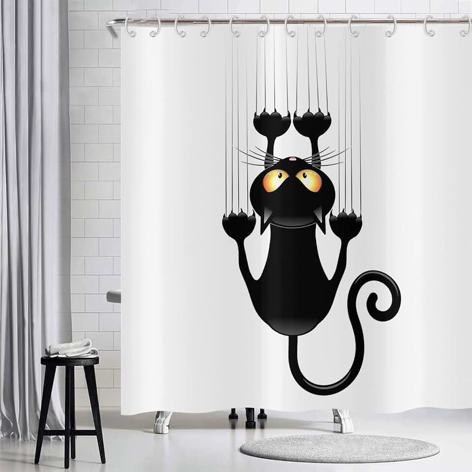 Duschvorhang Lustige Katze 180x180, Schwarzes Kätzchen Kratzt an der Wand Badewanne Vorhang Kinder Niedliche Cartoon Tier Schwarz und Weiß Minimalismus Kunst Wasserdicht Stoff Badevorhang
