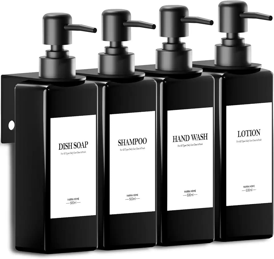 4er Seifenspender Wandbefestigung Set, 500ml Schwarz Seifenspender Bad Ohne Bohren Kunststoff Dusche Spender mit Trichter und Wasserdichten Etiketten Shampoo Spender für Küche Bad