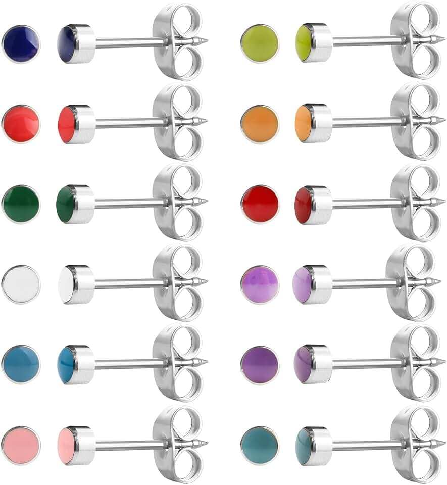 12 Pairs Ear Piercing Stud Earrings for Ear Piercing Guns, Surgical Stainless Steel Multicolor Round Heart Star Cubic Zirconia Birthstone Stud Earrings Set