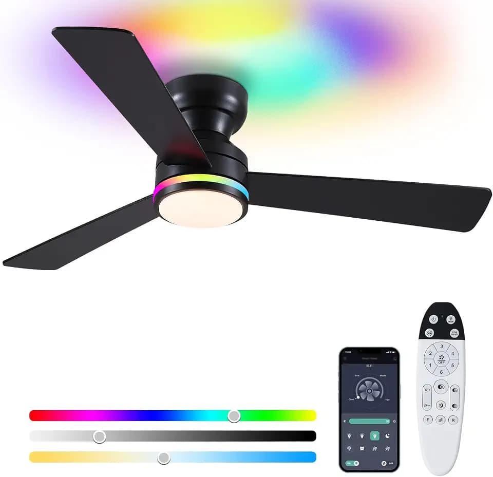 46" 3-Blade Black Low Profile RGB Ceiling Fan with Light and Remote/APP