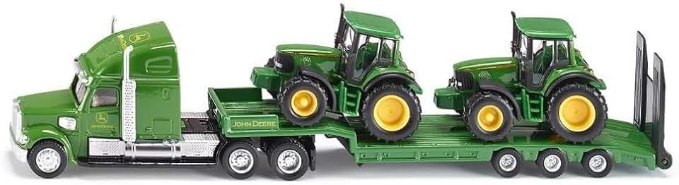Siku 1837, Freightliner Tieflader mit 2 John Deere Traktoren, 1:87, Metall/Kunststoff, Grün, Klappbare Heckklappe