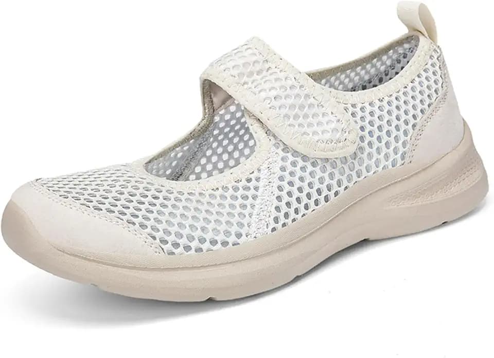 Women's Breathable Mesh Mary Jane Walking Shoes Adjustable Hook and Loop Lightweight Nurse Work Flats Daily Non-Slip Mom Casual Shoes