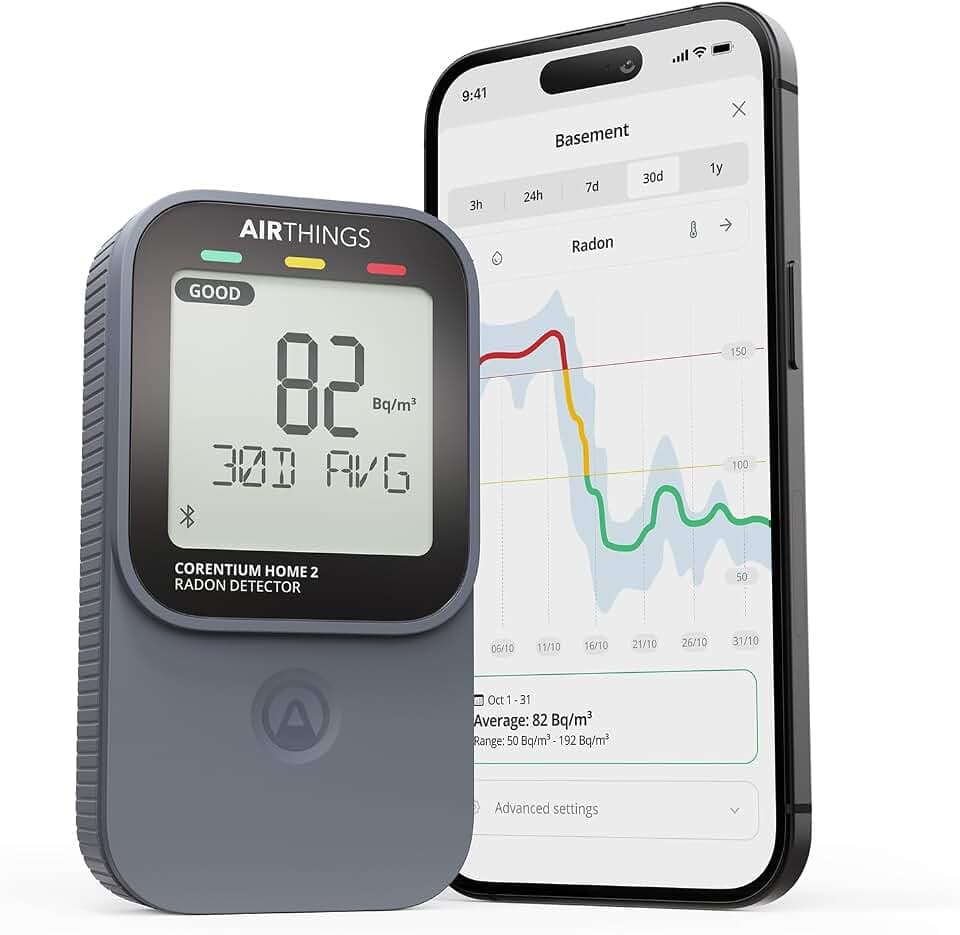 Airthings 325 Corentium Home 2 – Digitales Radonmessgerät (Radondetektor), tragbar und einfach zu bedienen, mit Bluetooth-Konnektivität sowie Feuchtigkeits- und Temperatursensor