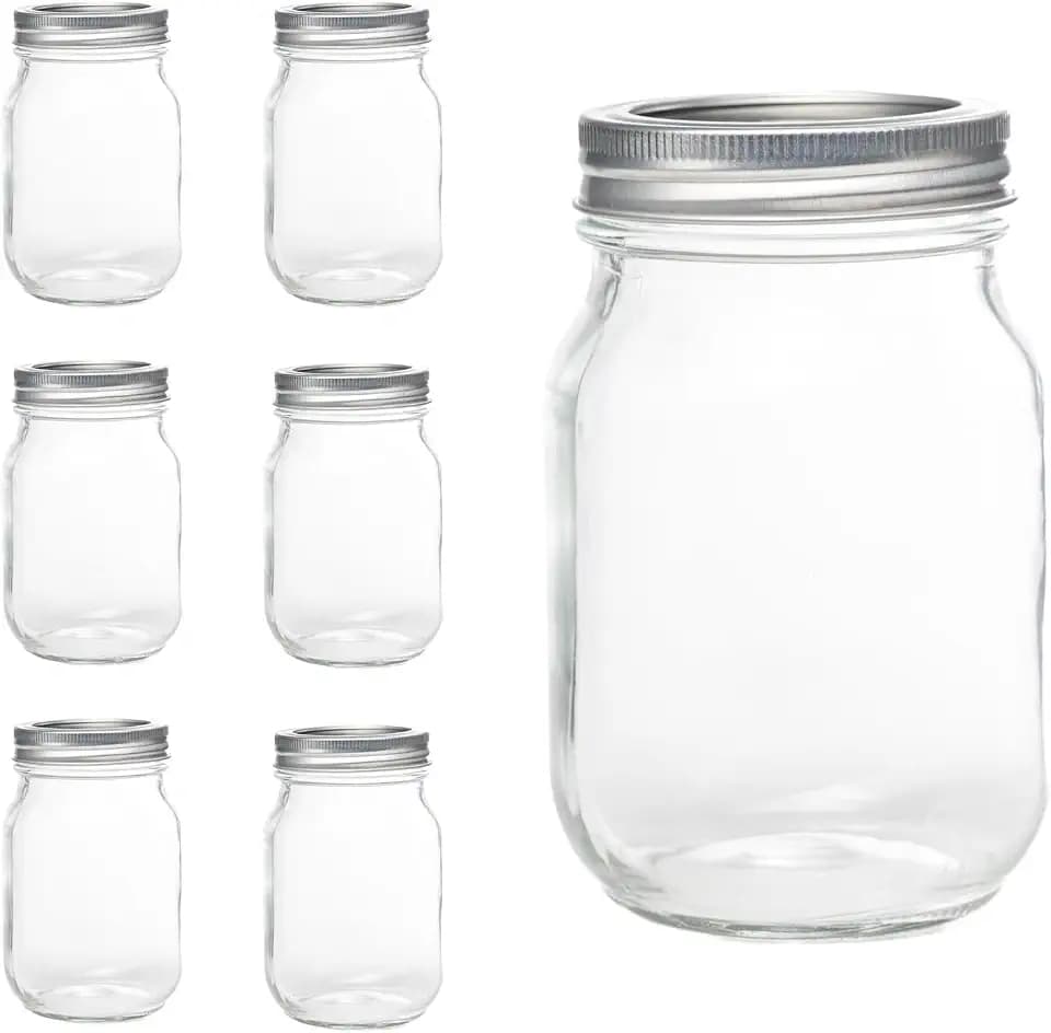 6 Pcs Mason Jars 16oz Regular Mouth, Glass Jars with Silver Metal Lids and Rings, Canning Jars for Overnight Oats, Food Storage, Dry Food, Snacks, Candies and More