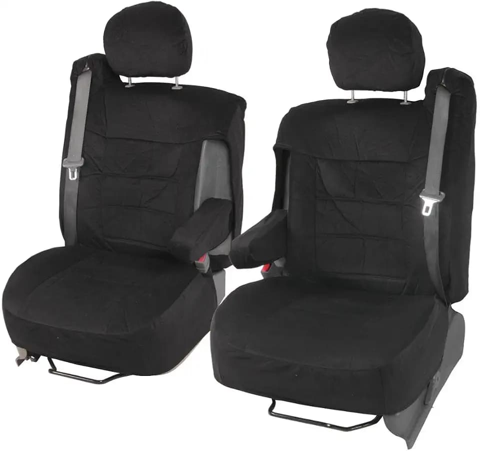 BDK Velour Fabric 2-Pack Front Seat Covers for Pick-Up Trucks, Trucks, Vans with Integrated Seat Belt, Integrated Arm Rest, Detachable Headrest - Black