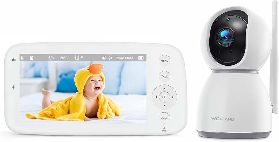 WOLFANG Babyphone mit Kamera, 5 Zoll 720P Display mit 20-Stunden-Akku, Schwenk-Neige-Zoom 1080P Baby Kamera mit Nachtsicht, kein WLAN, 2 Wege Audio, Temperatur, Schreierkennung, 1000 Fuß Reichweite