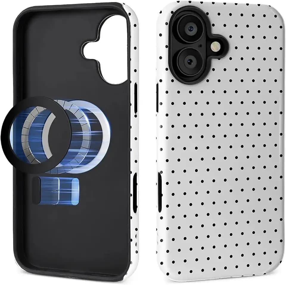 Magnetic Case for iPhone 16 Design,Compatible with MagSafe,Slim Protective Soft TPU Bumper Phone Cover Women Girls Case for iPhone 16-Polka Dot Aesthetics White