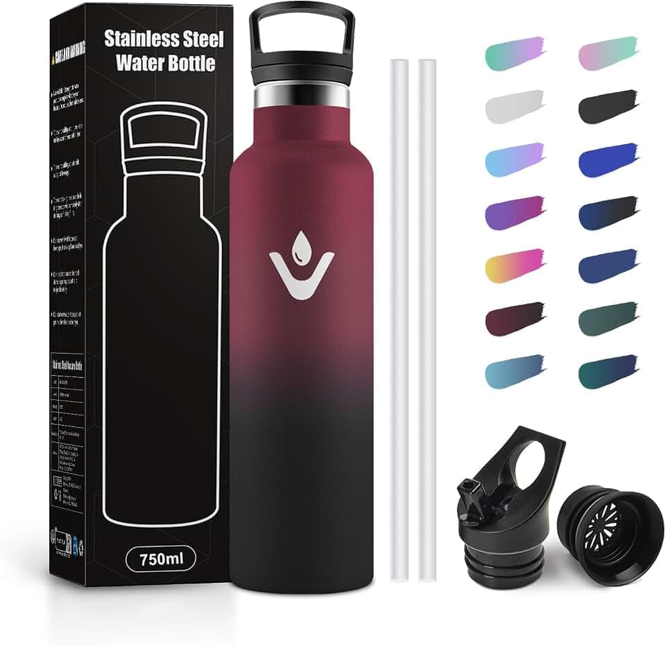 Trinkflasche Edelstahl 750ml, Thermosflasche mit Strohhalm, BPA-frei, Trinkflasche Auslaufsicher, Doppelwandig Isoliert, Kohlensäure Geeignet, Wasserflasche für Fitness, Schule, Outdoor, Erwachsene