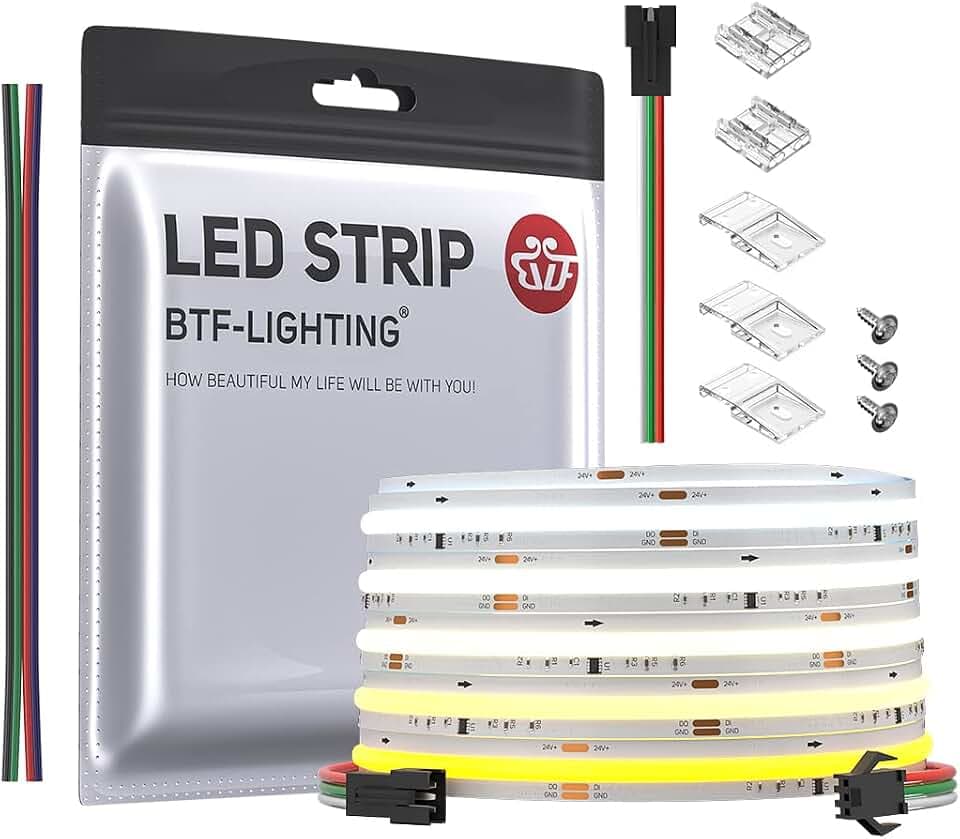 BTF-LIGHTING FCOB Addressable WS2811 IC CCT COB LED Strip Flexible High Density Uniform Chasing White Light 16.4FT DC24V Tunable 3000K-6000K CRI 90+ 576LED/m(No Adapter or Controller)