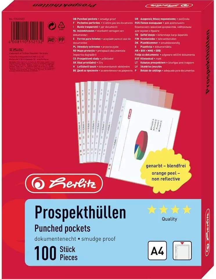 Herlitz 10840320 Prospekthülle A4 Genarbt, Premium, 100 Stück im Beutel, Dokumentenecht