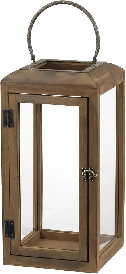16" High Wooden Lantern Made of Solid Firwood in Handpainted Mediterranean Brown with Metal Handle,Hurricane Lantern, Farmhouse Lantern for Party, Deck, Front Porch (1, Brown, Large)