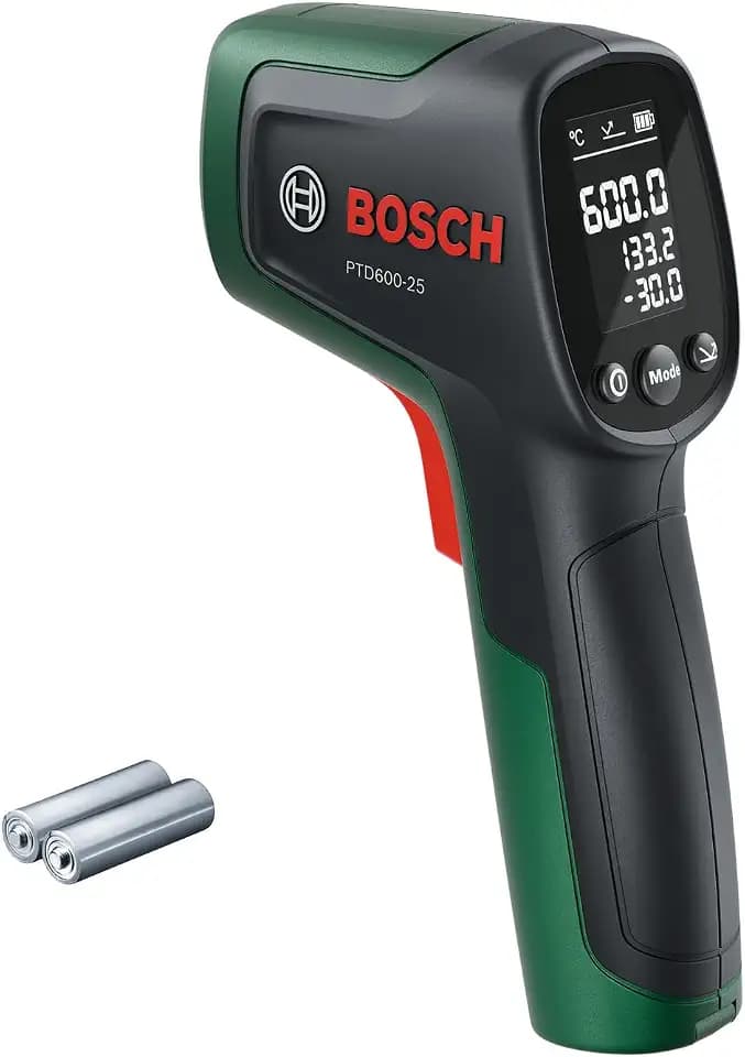 Bosch Infrarot-Thermometer PTD600-25 (-30 °C bis +600 °C, 3 Emissionsgrad-Modi, Laserpointer, Display mit Hintergrundbeleuchtung, kompakt und leicht)