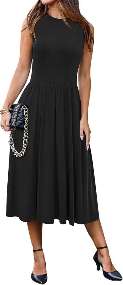 Newshows Sommerkleid Damen Rundhal Ärmellos A Linie Sommer Midi Kleid Damen Business Bürokleid mit Taschen