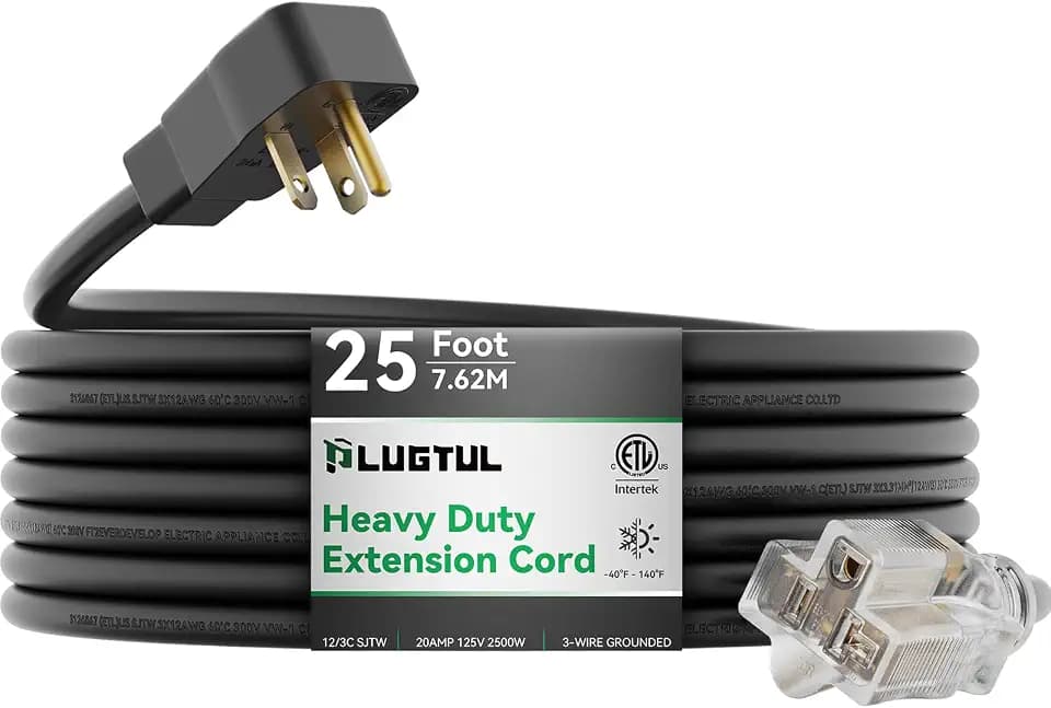 PLUGTUL 20AMP Extension Cord 25FT | NEMA 5-20 Heavy Duty Extension Cord, Lighted End, 12Gauge, SJTW, 20AMP 125V 2500W, Black