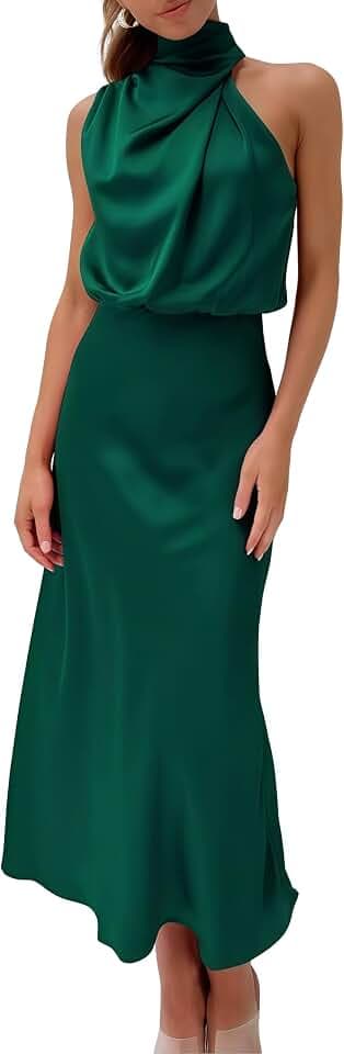 Mettclasi Women's Spring Summer Satin Sleeveless Halter Midi Dress Elegant Formal Mock Neck Cocktail Party Evening Dress