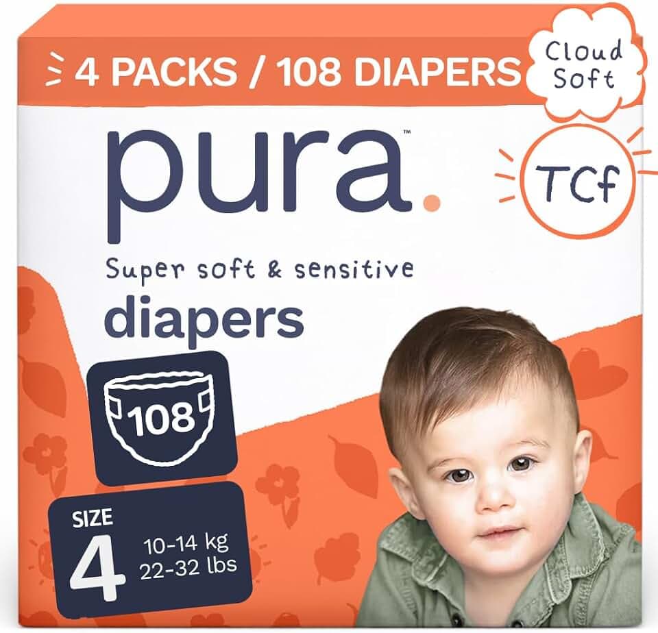 Pura Baby Diapers Size 4 (22-32 lbs) 108 Count Sensitive Skin