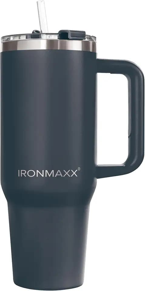 IronMaxx Cup mit Griff - Anthrazit 1,2L | mit inkludiertem Strohhalm | Schlankes modernes Design aus rostfreiem Edelstahl | doppelwandige Isolierung | hält Warm und Kalt