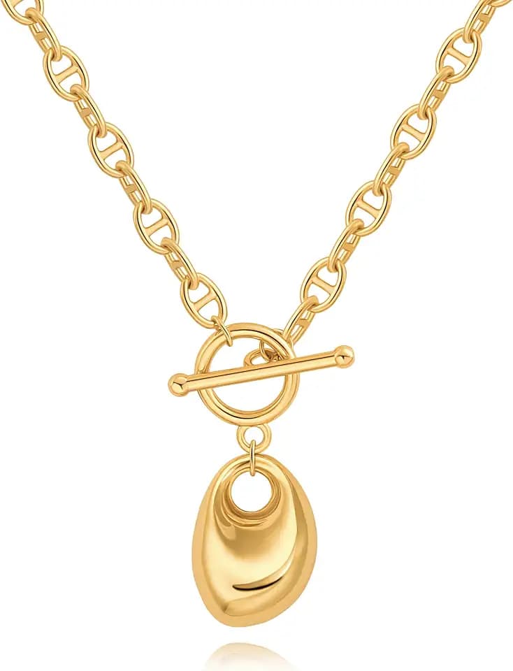 PERNNLA PEARL Dainty 18K Gold Chain Teardrop Pendant Necklace for Women Trendy Cute Toggle Necklace Minimalist Jewelry