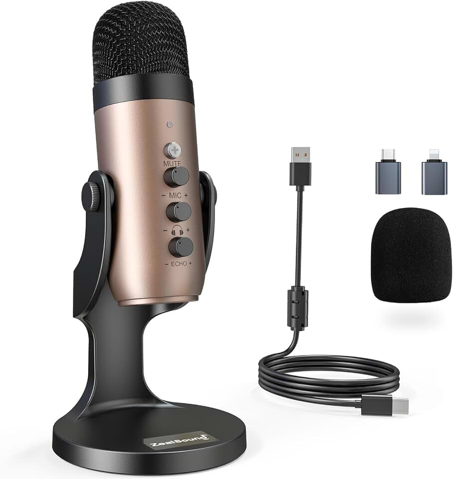zealsound USB Mikrofon, Podcast Mikrofon für PC, iPhone & Handy, k66 Gold