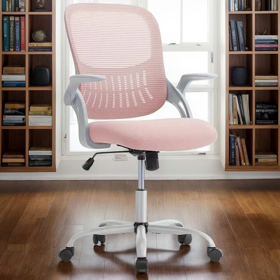 Office Ergonomic Desk Chair, Mesh Comfy Computer Work Chair with Armrests, Rolling Swivel Task Chair for Home Office, Adults and Teens (Flip-up Armrest, Pink)