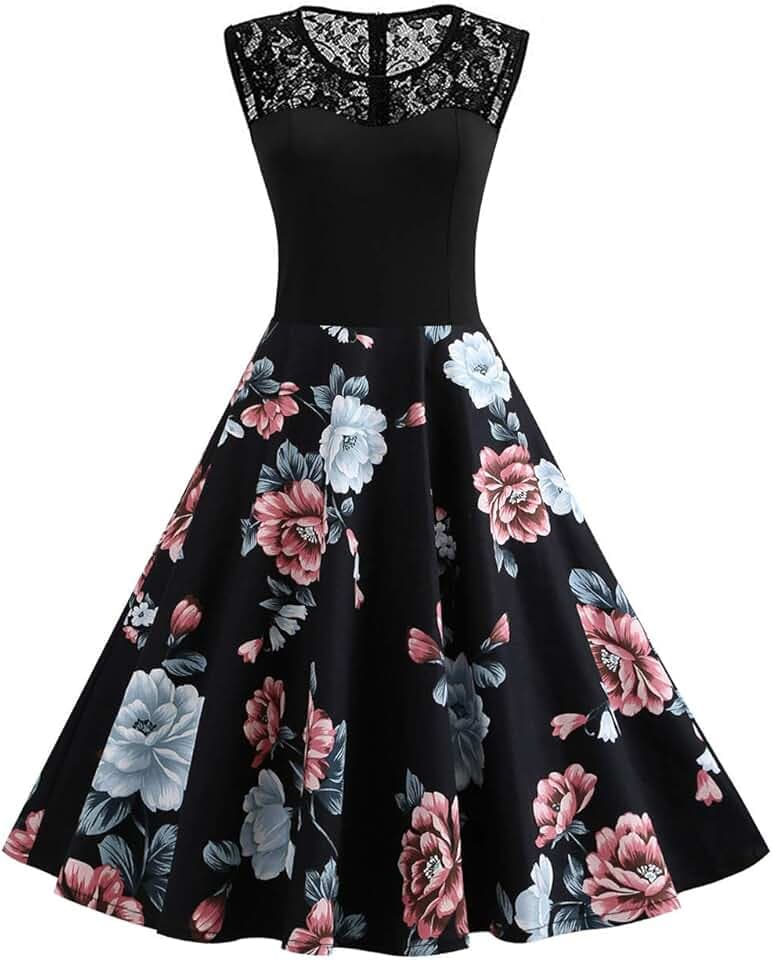 AXOE Damen Vintage Blumenkleid 50er Jahre mit Spitze