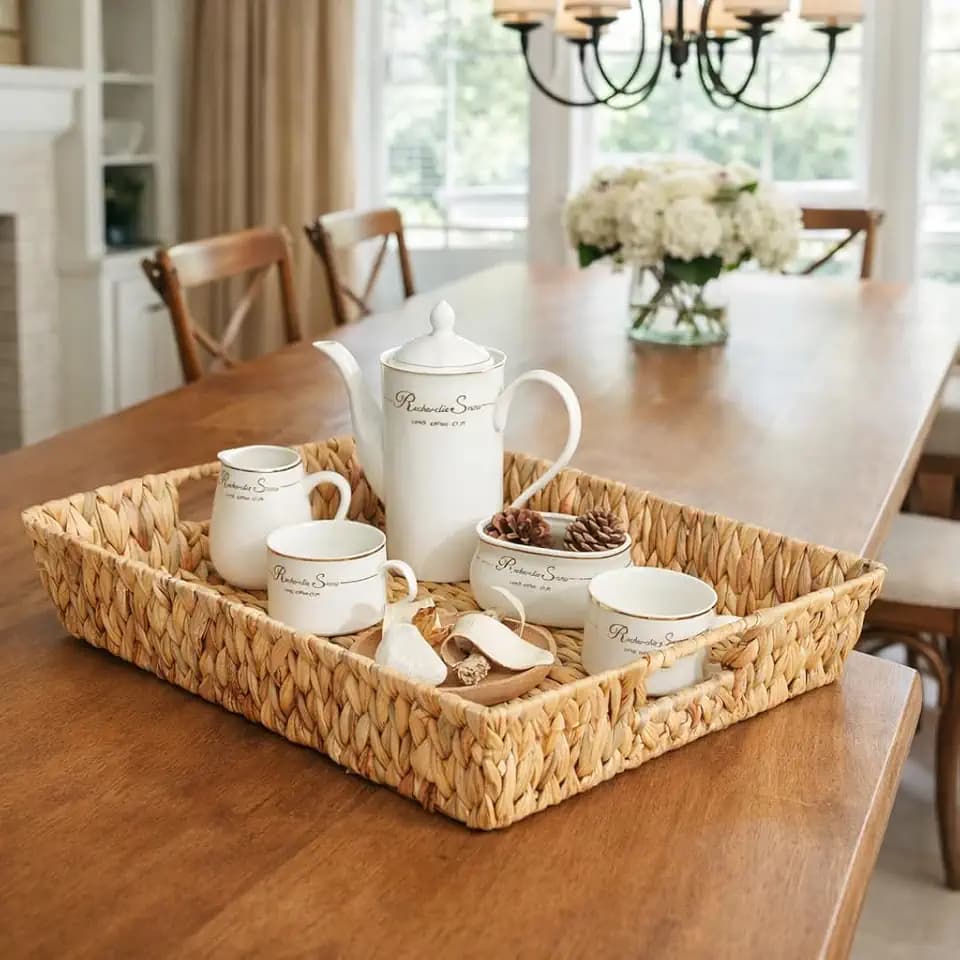 Handwoven Water Hyacinth Tray, 16.93" Rectangular Wicker Serving Tray with Handles, Natural Eco-Friendly Decorative Storage Basket for Coffee Table, Ottoman, Kitchen, Living Room