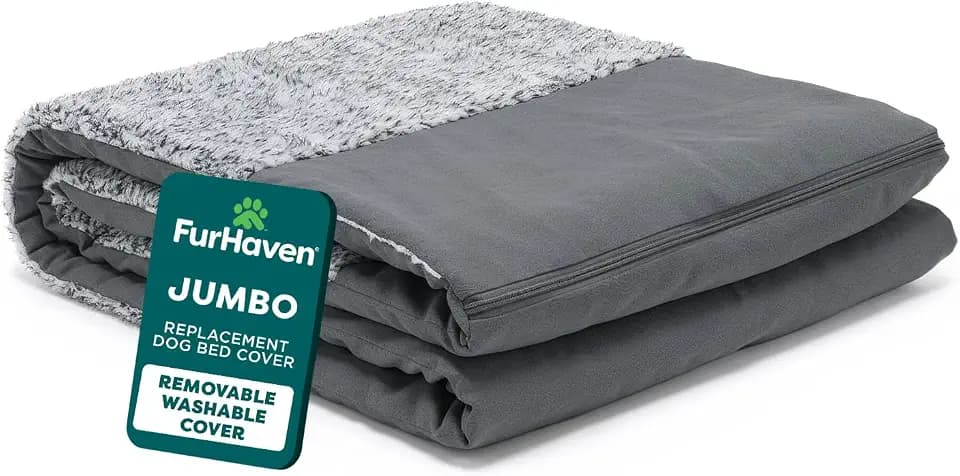 Furhaven Replacement Dog Bed Cover Two-Tone Faux Fur & Suede L Shaped Chaise, Machine Washable - Stone Gray, Jumbo (X-Large)