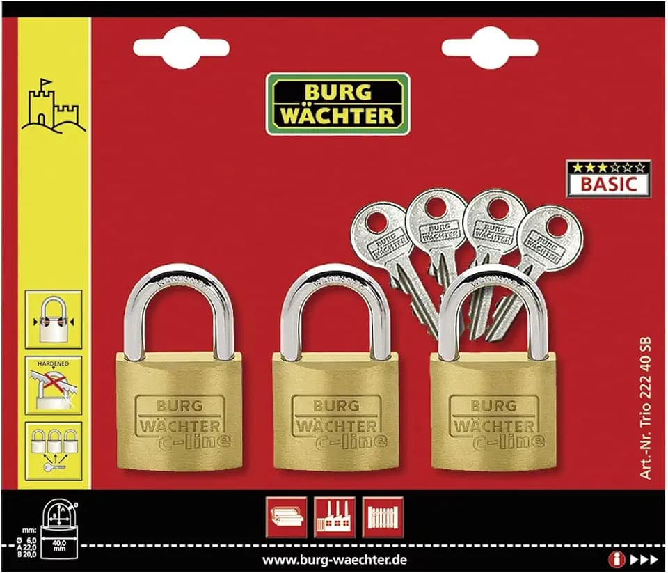 Burg-Wächter Vorhängeschloss, 3er-Set, 6 mm Bügelstärke, 4 Schlüssel, Trio 222 40 SB
