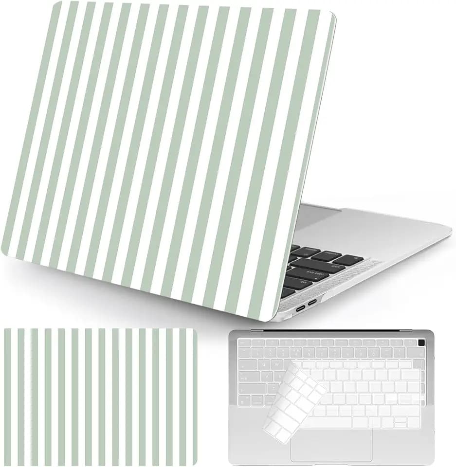 Seorsok Compatible with MacBook Air 13 Inch Case 2022 2021 2020 2019 2018 Release A1932 A2179 M1 A2337 Touch ID,Cute Striped Plastic Hard Shell Case with Keyboard Cover,Green & White Stripes