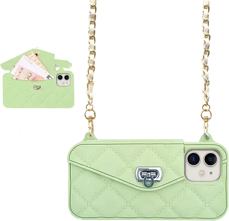 UnnFiko Wallet Case Compatible with iPhone 13, Cute Light Luxury Bag Design, Purse Flip Card Pouch Cover Soft Silicone Case with Handstrap Long Shoulder Strap (Green, iPhone 13)