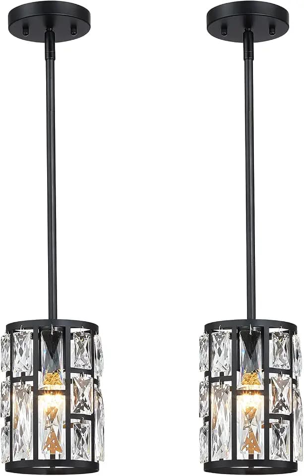 MEXO Modern Crystal Pendant Light Fixture 2-Pack Matte Black Finish Hanging Lighting Crystal Chandelier for Living Room, Kitchen