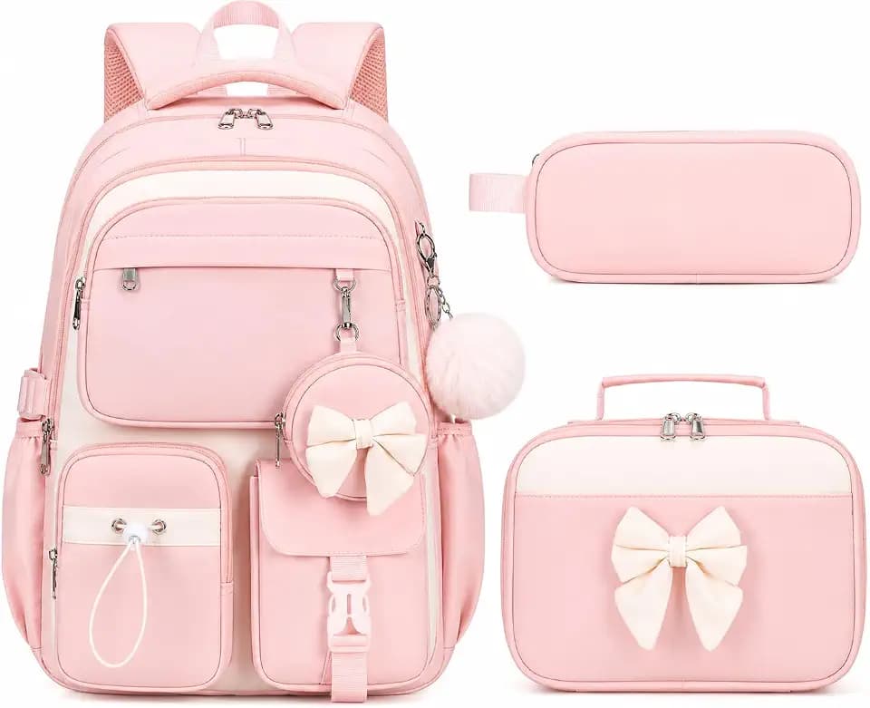 4PCS Girls Backpack for School, Lunch Box and Pencil Pouch(Beige Pink)