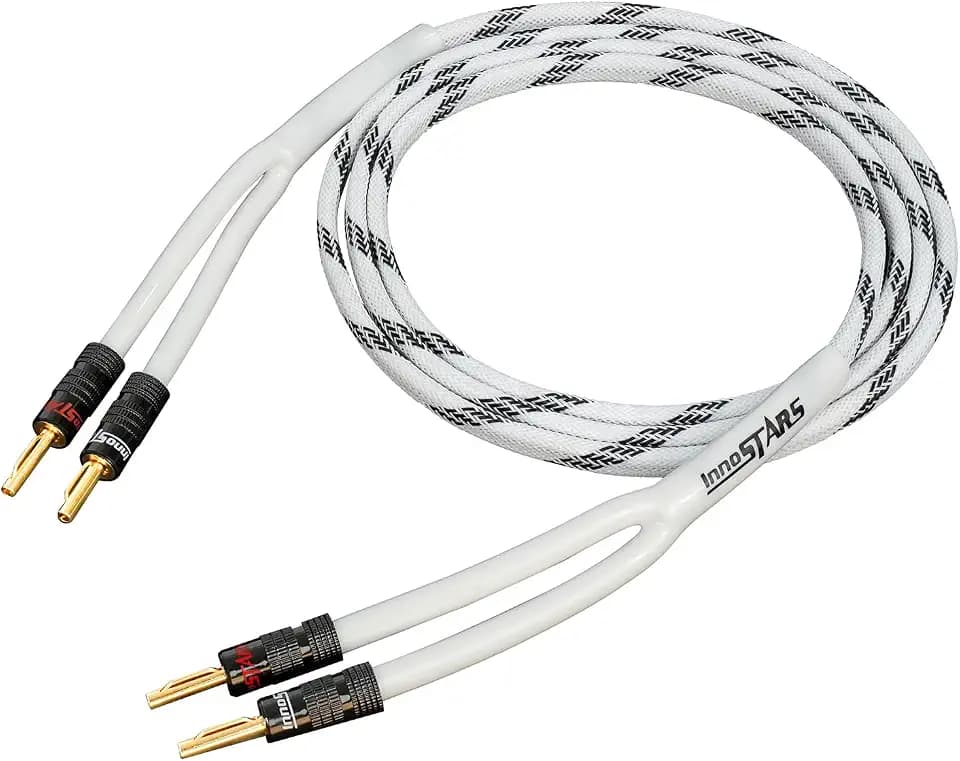 14AWG Premium Heavy Duty Braided Speaker Wire (6 Feet) with Dual Gold Plated Banana Plug Tips - 99.99% Oxygen-Free Copper (OFC) Construction, in-Wall CL2 - White, 6ft