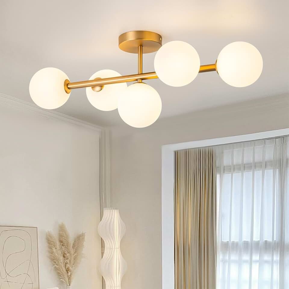 EDISLIVE 5-Light Semi Flush Mount Ceiling Light Frosted Globe, 26.4 in Modern Brass Sputnik Light Fixture Chandeliers with Milk Glass Shade Gold Finished