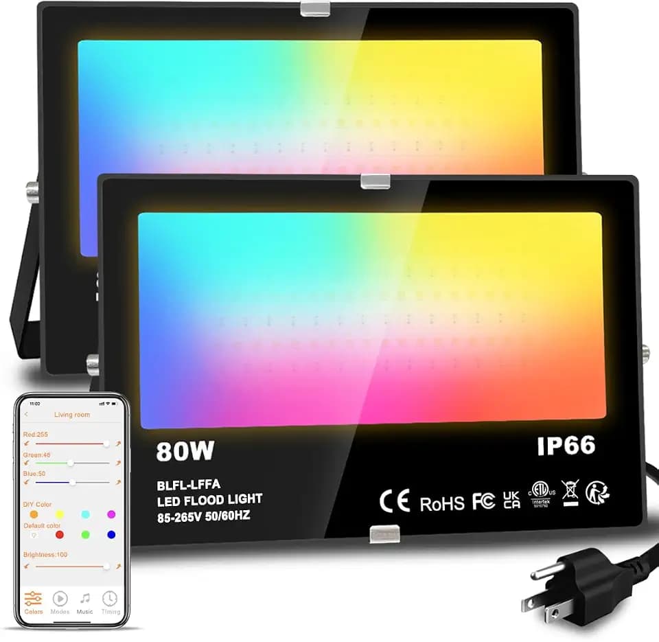 LED Flood Light Outdoor 800W Equivalent 8000LM Smart RGB Landscape Lighting