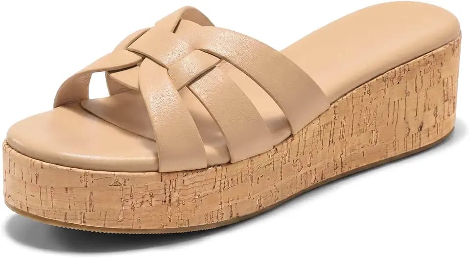 Coutgo Women's Platform Sandals Open Toe Slip On Low Wedge Slides Cork Heeled Beach Vacation Shoes