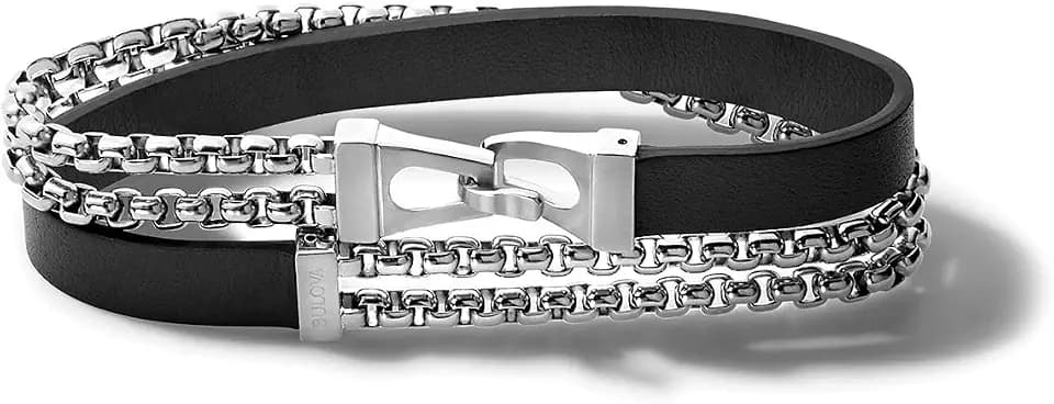 Bulova Jewelry Men's Classic Double Wrap Leather and Box Chain Bracelet