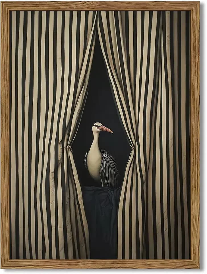 Framed Moody Crane Wall Art, Eclectic Vintage Bird Pictures Wall Decor Paintings, Surreal Humorous Animal with Black and White Striped Canvas Prints for Living Room Bedroom Bathroom Dorm 16x24 inch