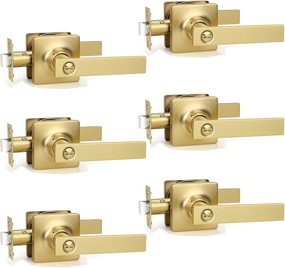 GOBEKOR 6 Pack Gold Door Handles Interior,Heavy Duty Privacy Door Levers with Lock,Sleek Round Interior Door Handles for Bedroom and Bathroom with No Key