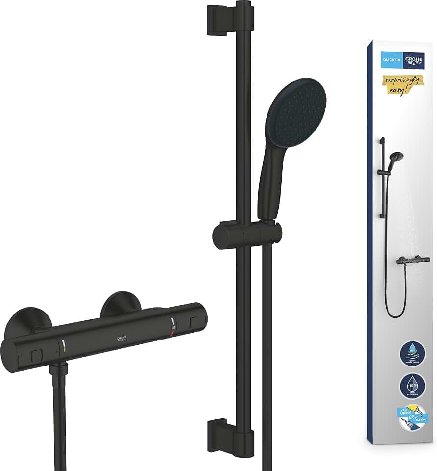 GROHE Precision Start - Thermostat Brauseset wassersparend ~9l/min (1 Strahlart, Sicherheitssperre bei 38°C, 60cm Brausestange, 175cm Brauseschlauch), rund, chrom, 345972431